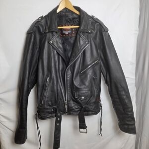 Interstate Leather Black Motorcycle Biker Jacket Lace Side Belt Moto Coat